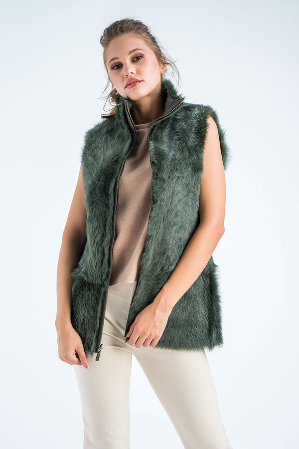 Olive Geniune Reversible Sheepskin Fur Vest by Buy Me Fur Ltd