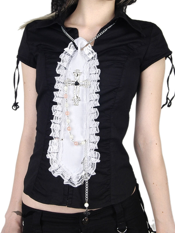 Queen of Darkness - White lace tie with chains and crosses