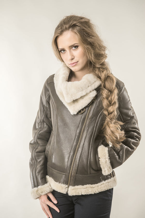 Brown Shearling Leather Biker Jacket with Merino Fur by Buy Me Fur Ltd