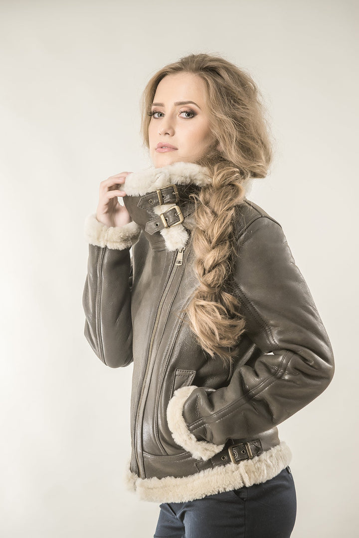 Brown Shearling Leather Biker Jacket with Merino Fur by Buy Me Fur Ltd