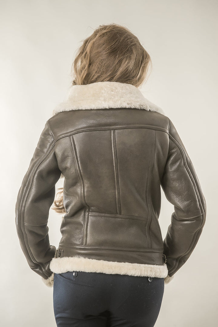 Brown Shearling Leather Biker Jacket with Merino Fur by Buy Me Fur Ltd