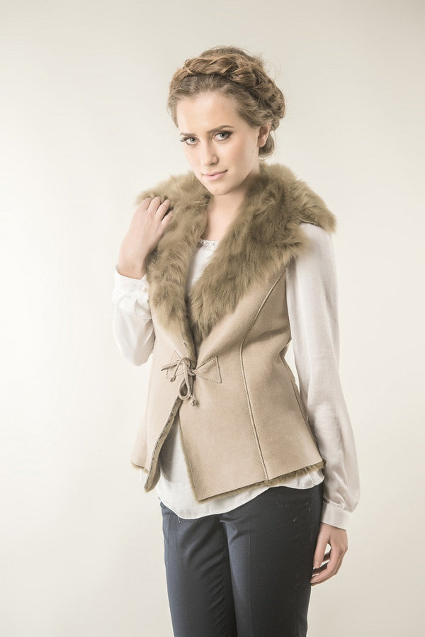 Beige Merino Fur Nappa Lamb Leather Vest by Buy Me Fur Ltd