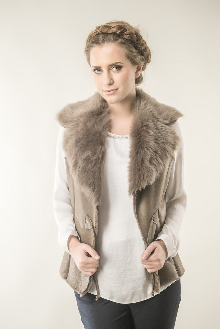 Taupe Merino Fur Nappa Lamb Leather Vest by Buy Me Fur Ltd